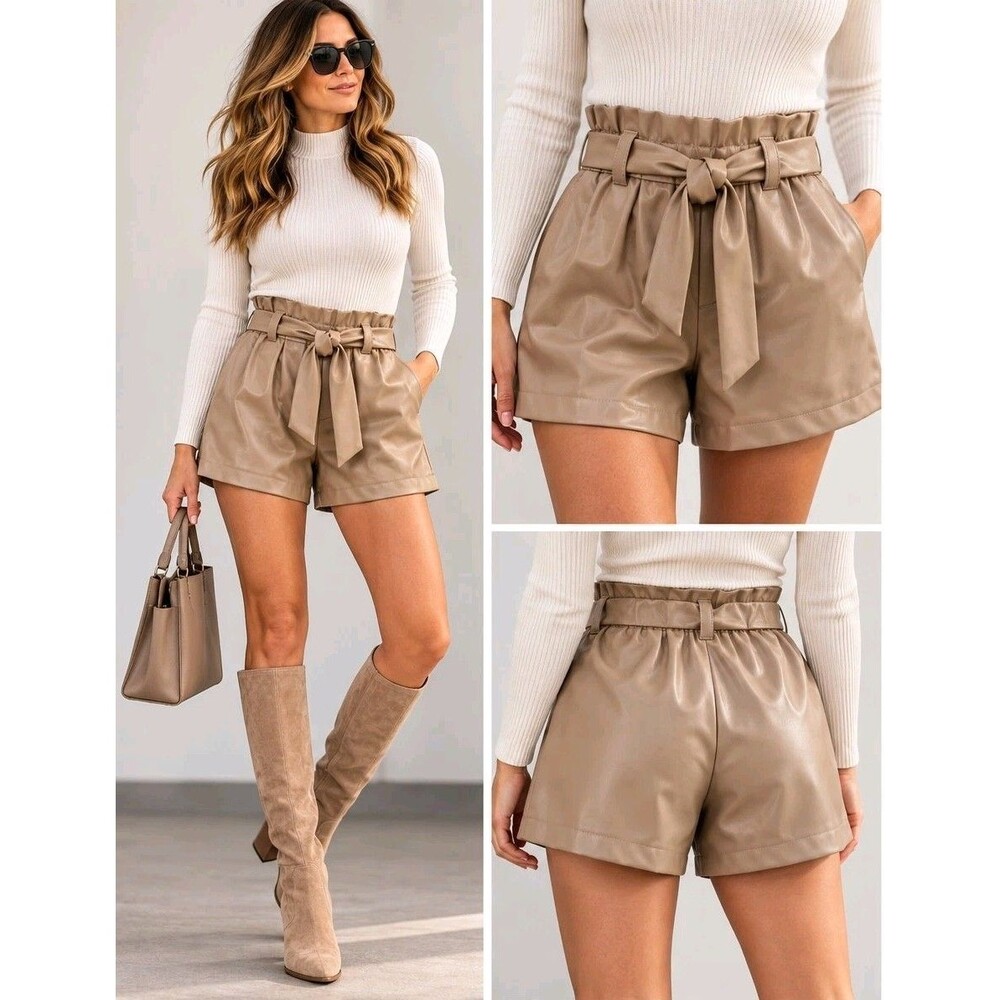 Jolie & Joy Faux Leather Shorts M Taupe Paperbag High Waist Belted Vegan Leather